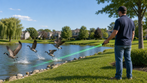 Goose Laser in use near residential pond